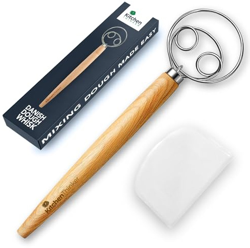 KitchenThinker Dansk degvisp med degskrapare, 2-pack ring i rostfritt stål, brödvisp med trähandtag, degblandare, handverktyg, dansk visp för deg, holländsk visp för tårta, pizza 33 tum