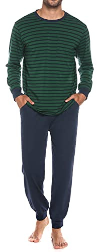 Sykooria Pijama Hombre Algodón Conjunto de Pijama de Manga Larga Ropa de Dormir 2 Piezas Conjunto de Pijama a Rayas y Pantalones Largos con Bolsillos S-3XL(Verde Oscuro,L)