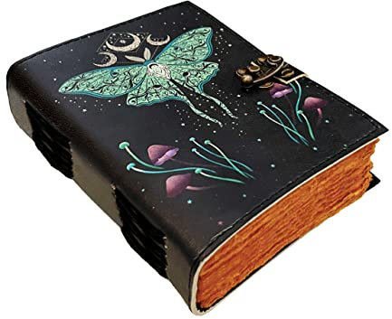 AL HAZZA Läderbok med trollformel, dagbok med kontorskant, Grimoire-dagbok med luna-mal- och morfo-fjärilstryck, antik vintage Wicca-anteckningsbok för män och kvinnor (17,8 x 12,7