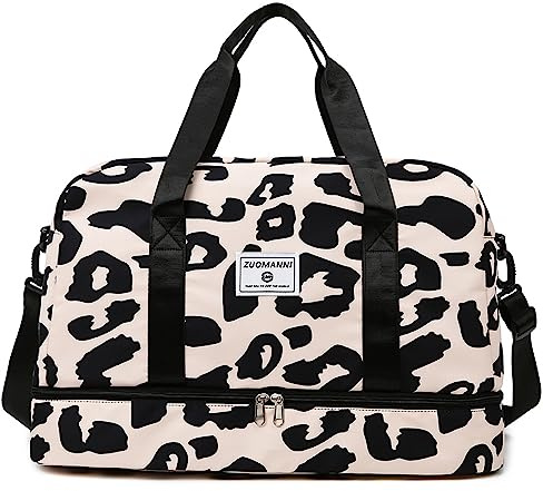 Vllcsla Sac de Sport Femme Grand, 42.43L, avec Compartiment Chaussures & Poche Humide, Sac de Voyage Léopard Bagage à Main Léger, Sacs de Sport Imperméable Femme pour Yoga/Weekend/Gym/Voyage, Noir