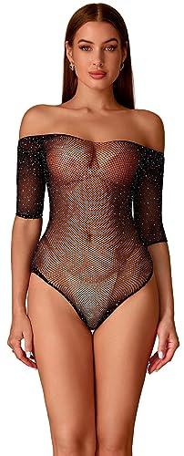 Walang Body sexy pour femme avec strass résille à manches longues Lingerie sans bretelles Robe Tops Tenues sexy pour bébé Nuisette, Noir , XS-XXL