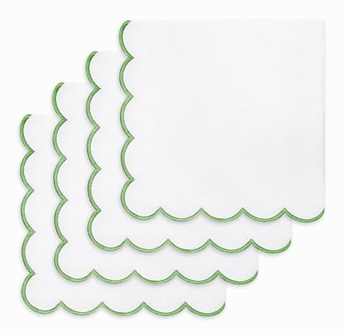 PurpleEssences Scalloped Embroidery Cloth Napkins - Spring Easter Summer - Table Decor - 100% Cotton - Set of 4-18x18 inch - White - Edges - Sage Green