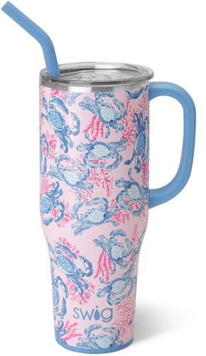 Swig Life 40 oz megamugg, 4 dl tumlare med handtag och sugrör, kopphållare vänlig, diskmaskinssäker, extra stor isolerad tumbler, rostfritt stål vattenbehållare (Get Crackin)