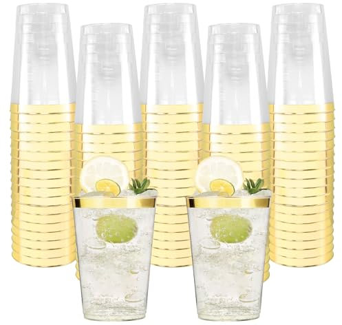 60 Stück Plastikbecher mit Gold Rand, 350ml/12oz Wiederverwendbarer Becher aus Kunststoff, Trinkbecher Elegante Partybecher Cocktailbecher für Geburtstag Hochzeit Cocktail Getränk (11.1x7.4cm)