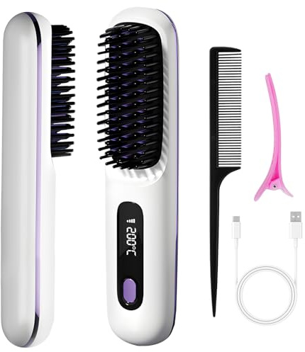 Hair Straightener Comb for Women, Cordless Straighteners UK, Portable Ceramic Hair Straighteners Brush, LCD Display, Type-C Charging, Adjustable 3-Step Temperature (160-200c°) Hot Comb for Home Travel