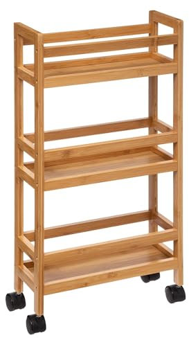 WELL HOME MOBILIARIO & DECORACIÓN Carrito Auxiliar con Ruedas de 3 Niveles, Carrito Cocina Bambú, Carrito Estrecho de Almacenamiento, Ahorra Espacio, para Baño, Cocina, Oficina, 74,5 x 36 x 15 cm