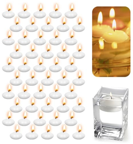Schwimmkerzen Weiss, 50 Stück Unparfümierte Schwimmkerzen, Schwimmende Warme Teelichter, Tropffreies Teelicht Kerze für Abendessen SPA Partys Hochzeit und Pool