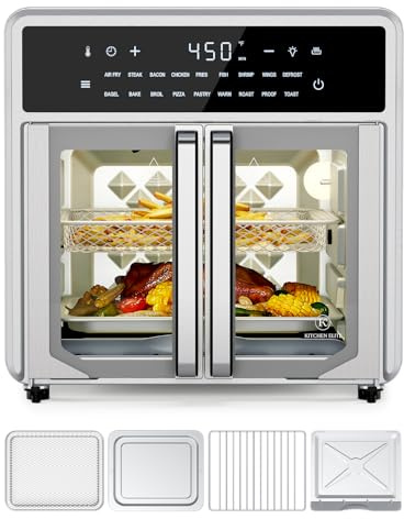 Kitchen Elite Air Fryer French Door Oven,15.8 Qt Toaster Oven Countertop Combo,18 Presets & 1 Preheat & Light, Airfryer Basket,Wire Rack,Baking Pan,Crumb Tray,Compact Design,Stainless Steel,Small