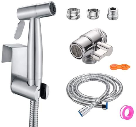 Tragbares Bidet-Sprüh-Set, Edelstahl-Bidet-Handbrause für Bidet-WC-Dusche mit 2-Wege-Duschumsteller, 1,5 m Brauseschlauch und Handbrausehalter
