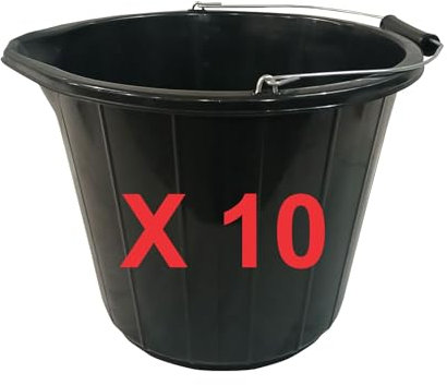 RelianceUK 10 X 14L (3 Gallon) Black Plastic Builders Buckets with Metal Handles | Heavy Duty Buckets for Garden, Car Wash, Cement Mixing, Water Storage | (14 Litre / 10 Pack)