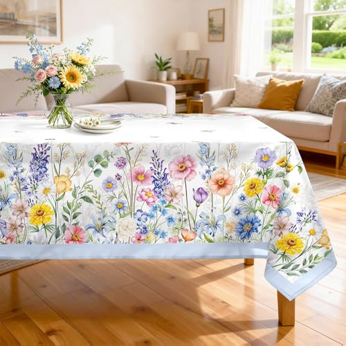 Arquiel Spring Summer Flowers Tablecloth Waterproof, French Country Table Cloth Rectangle Stain Resistant, Washable Table Cover for Home Kitchen Dining Party Decoration (60×120 Inch)