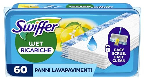 Swiffer Wet Lavapavimenti, 60 Panni Umidi, Limone, Maxi Formato, Lava Pavimenti, Pulizia Igienica Profonda, Rimuove Sporco e Batteri, per Tutti I Tipi di Pavimenti