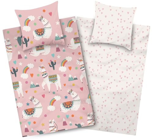 Aminata kids Lama sängkläder för flickor – vändbara sängkläder 135 x 200 mikrofiber – barnsängkläder set med dragkedja – lamas, regnbågshjärtan – allergivänlig