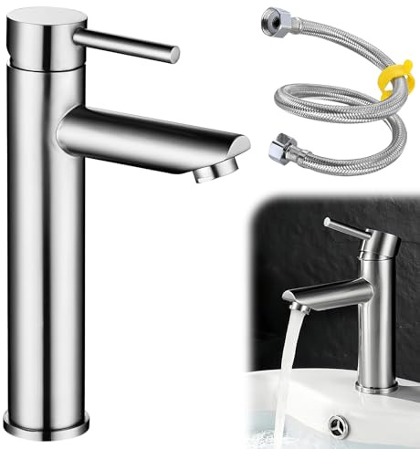 GOEDCH Robinet D'eau Froide: Robinet D'eau Froide Haut de Gamme avec Tuyau de Raccordement 80CM, Robinet en Acier Inoxydable pour Petits Lavabos, Robinet à Levier Unique Salle de Bain Colonne