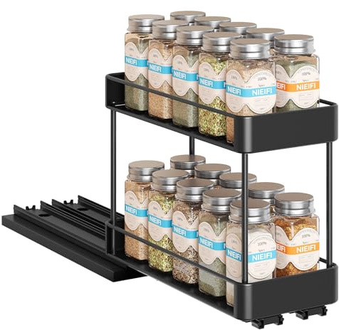 Nieifi Spice Rack Organizer for Cabinet, Vertical Spice Rack Pull Out, Easy to Install, Metal, 4.5''Wx10.35''Dx8.4''H, 1 Pack, 2 Tiers(Black)