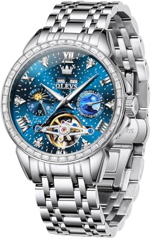 Men's Watch Luxury Automatic Mechanical Silver Blue with Tourbillon Diamonds Starry Dial Stainless Steel Waterproof Business Wristwatch