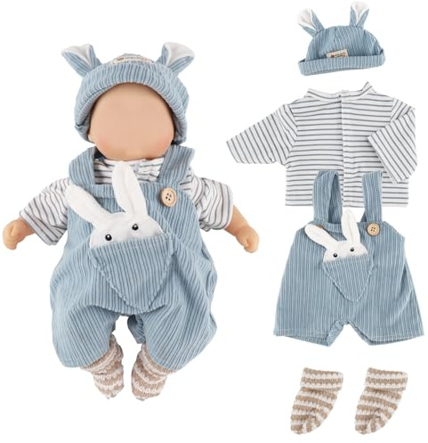 Foydream Baby Puppen Puppenkleidung 35-43 cm, Kleidung Bekleidung für Neugeborene Baby Puppen, Enthält Blaue Kaninchenrägerhose, Hemd, Strickmütze und Socken (Ohne Puppe)