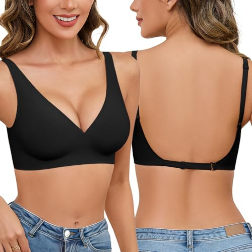 Niwicee Reggiseno Schiena Scoperta Invisibile Reggiseni Senza Ferretto Push Up V Profonda Reggiseno Multiway Bretelle Convertibili con Morbida Imbottiture (Nero, S)