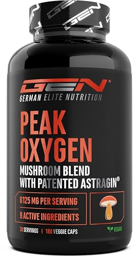 Peak Oxygen - 180 Capsule Vegan - 6125 mg per Dose Giornaliera - Complesso di 6 Funghi con Cordyceps, Reishi, Shiitake, Hericium, Maitake e Pleurotus - TMG, Taurina e Materia Prima di Marca: AstraGin®