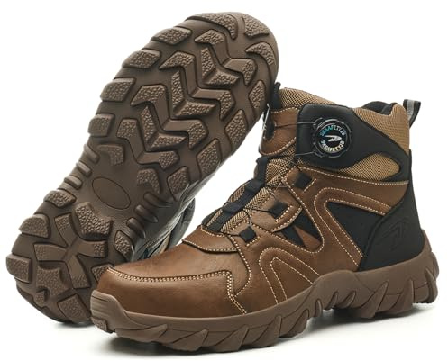 USOR Steel Toe Safety Boots Toe Cap Work Shoes for Men Women Resistant Swivel Buckle No laces Lightweight Work Sneakers Comfortable Puncture Resistant for Industrial Construction Brown45