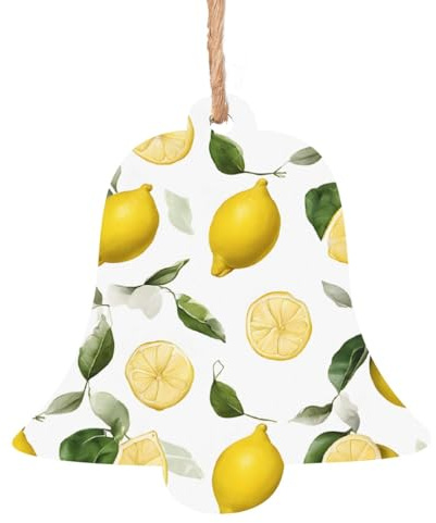 (Fresh Tropical Lemons) Printed 4 PCS Wooden Christmas Ornament Bell Shape Gift for Xmas Couples,Wedding,Family Christmas Ornament Holiday Decorations