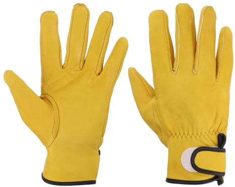 QUARKZMAN Guanti Da Lavoro In Pelle Di Capra Con Chiusura A Strappo, Guanti Per Autista Guanti Da Giardino Per Guida, Giardinaggio, Saldatura, Costruzione, Giallo, L, Confezione Da 2