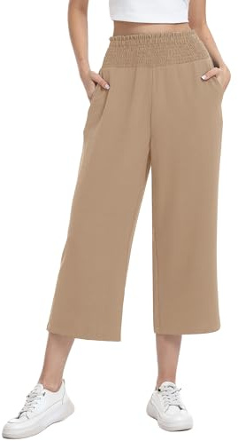 WUWUSKY Pantalon 3/4 Femme Taille Haute Élastique, Pantalon Large d'Été Léger Respirant Pantacourt Décontracté avec Poches, Khaki, XL