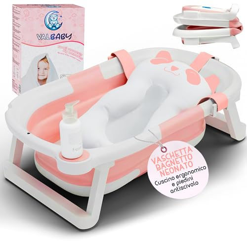 Vaschetta Bagnetto Neonato Pieghevole 0-3 Anni Rosa con Cuscino Antiscivolo Ergonomico - Vasca da Bagno Neonati Portatile e Compatta Facile da Pulire Bambini 0-3 Anni - Baby Bath Tub Sicuro | VALBABY