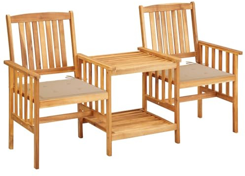 PTUGUOF Set da bistrò rustico in legno di acacia con tavolo, due sedie e cuscini per giardino e terrazza, massiccio e trattato a olio