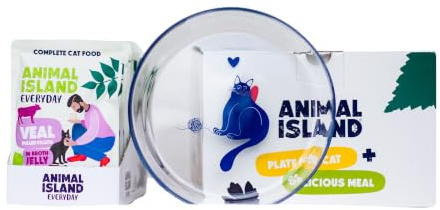 Animal Island Set med Glasfat Komplett Våt Kattmat för Katt Kalvkött med Kyckling i Buljonggele Fileér Påsar för Vuxna Katter, 12 x 85g