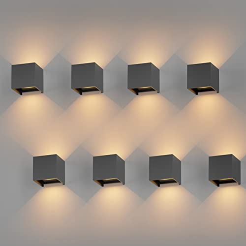 K-Bright Applique da Parete 12W Moderno 8Pezzi Applique Esterno Bianco Caldo 3000K Lampada da Parete Angolo del Fascio Regolabile Lampada Muro IP65 Impermeabile (Grigio scuro)