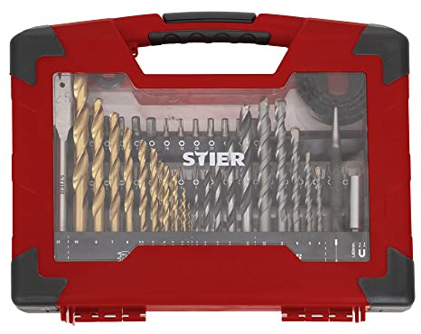 STIER TiN-Bohrer-Set, Säge-Set und Bit-Set, 100-teilig, Titaniumnitrid, Holzbohrer, Metallbohrer und Steinbohrer, vielseitiges Bit-Sortiment, inkl. magnetischem Bithalter und Steckschlüssel-Bits