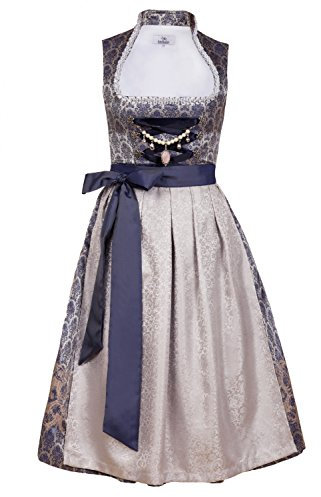 Edelnice Trachtenmode Exklusives Designer Midi Stehkragen Dirndl Marianna inkl. Spitzen Dirndlschürze und Charivari Gr. 32-54, Blau, 36