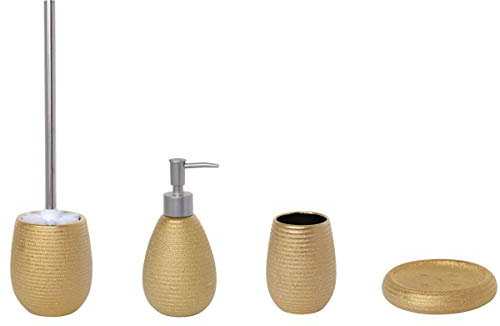 MSV Oman Gold - Set da bagno, 4 pezzi, dispenser per sapone, portasapone, scopino per WC