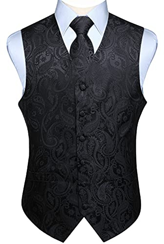 Enlision Väst för män, paisley, blommig, jacquard, slips, ficka, fyrkantig näsduk, bröllopsfest, passar affärer, väst, tweedkostym, set med västar, Svart, XL