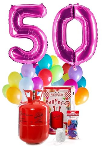 PARTY FACTORY Helium Geburtstags-Komplettset 50 - mit XXL Zahlenballons, 0,4m³ Ballongas, Ballonschnur & 30 bunten Latexballons - für Geburtstag, Jubiläum, Jahrestag - versch. Farben (Pink)