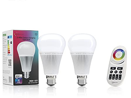 Auraglow 2.4Ghz RF Remote Controlled 6w Colour and Saturation Changing Warm and Cool White B22 LED Dimmable Light Bulb Second Generation - 60w EQV (2 Bulbs + 1 Remote)
