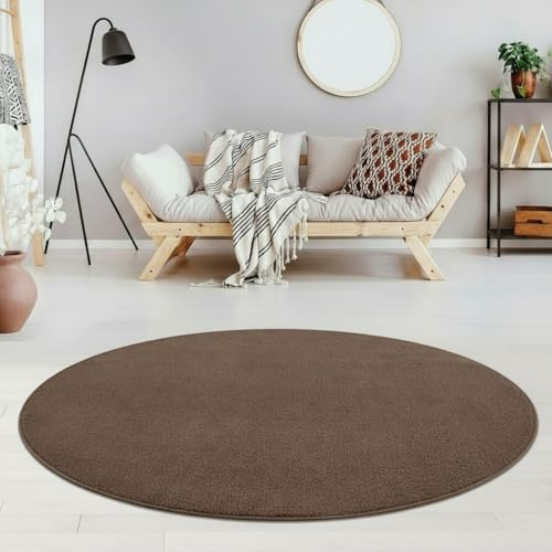 Jimri Moderner Teppich Wohnzimmer – Weich, Strapazierfähig & Pflegeleicht – Einfarbig Braun-Taupe, Rund & Rechteckig – Hochwertige Verarbeitung – Oeko-TEX Zertifiziert – Braun-Taupe, Rund 80 cm