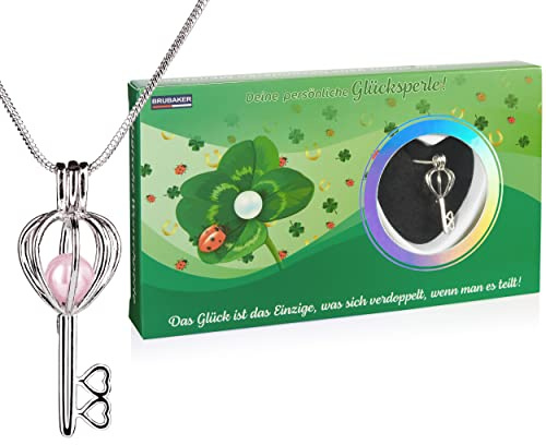 Brubaker Perlina dei Desideri Glück (Tedesco) - Collana con Ciondolo a Forma di Chiave d'Argento + Conchiglia con Perla Vera come Set Regalo per Amici e Familiari - Verde con Quadrifogli