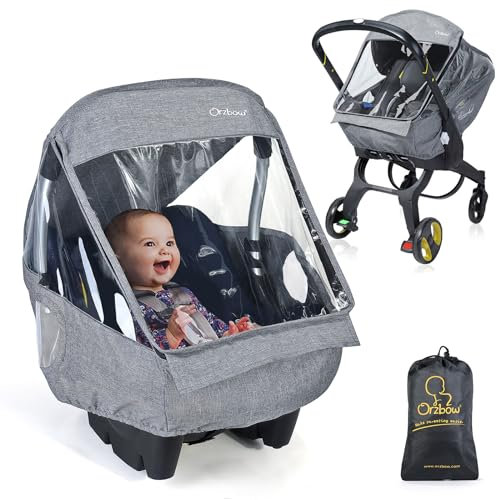 Orzbow Universal Regenschutz für Babyschale (z.B. Maxi-Cosi/Cybex/Römer), Abdeckbare Trageöffnung und Luftlöchern, Kontaktfenster,mit Tasche, Notwendiger Schutz für Babys oder Haustiere, Hellgrau