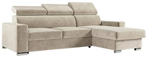MKS MEBLE Ecksofa Wohnzimmer - Wohnlandschaft - L-Form Couch mit Schlaffunktion - Bettsofa - Wohnzimmer L Couch - Polstersofa mit Bettkasten - Fox Creme