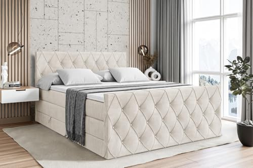 ALTDECOR Boxspringbett mit Matratze und Lattenrost, Topper, Fußteil, Polsterbett mit Bettkasten, Bett mit Stauraum H3- und H4- Matratze, Doppelbett, Springboxbett - Amay King - 180x200 - Beige Samt
