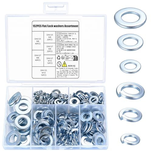 152 Pcs M6 M8 M10 Metal Washers: 76 Flat, 76 Split Lock, Rectangular Spring, Round, Spiral Split - DIN 127, DIN 125