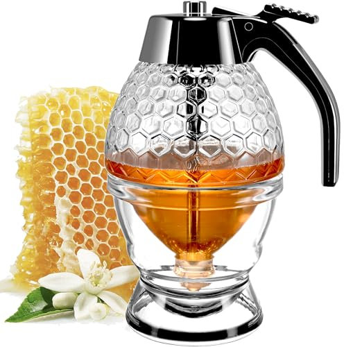 Ahhute Distributeur de miel en plastique de qualité supérieure avec support – Design anti-goutte – Pot à miel de 236,8 g avec cuillère – Parfait pour le sirop d'érable – Couvercle rabattable – Pot à