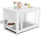 Hundekäfig für Zuhause,Holz Hundebox,93x64x58cm, Hundehaus für Drinnen mit Abnehmbares Tablett, Hundehütte mit 2 Hundenäpfe und Tür, Hundebox für Mittelgroße Kleine Hunde bis zu 40kg, Weiß