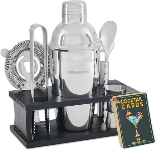 Ensemble complet de 8 pièces pour cocktails - Shaker en acier inoxydable, doseur, passoire, cuillère à mélanger, pince, décapsuleur, support en bois et cartes de recettes pour les fêtes et les jours