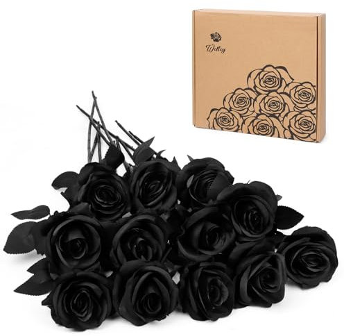 Woltoy 12 Stück Ganz Schwarz Rosen Künstlich, Künstliche Blumen Natürlich und Realistisch, Seidenrosenstrauß Mit Langstielige, Fake Rosen für Haus, Garten, Party, Hochzeit und Büro Dekoration