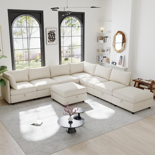 Oversized 8 Seater Modular Storage Sectional Sofa Customizable Seating Group Sofa&Couch Convertible Sleeper Sofabed W/Movable Ottoman & Seat, U-Shaped Chenille Upholstered Sofa Couch for Living Room