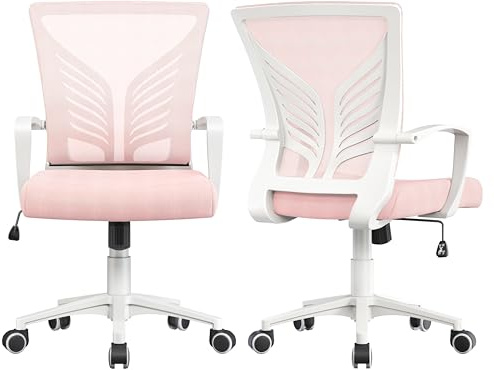 Yaheetech Ergonomisk kontorsstol med rullar, svängbar, ventilerande nätställ med armstöd, justerbar höjd 136 kg (2, rosa)