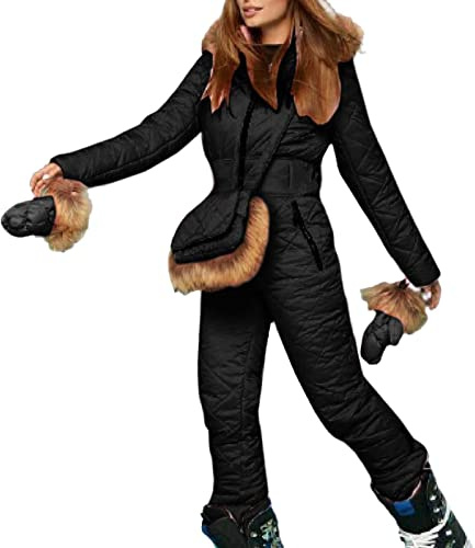 Skiddräkt dam svart, snödräkt dam vattentät skidjacka pälskrage jumpsuit varm overall med huva skidoverall modern snöoverall utomhus skiddräkt bekväma skidkläder mjuk snöjacka